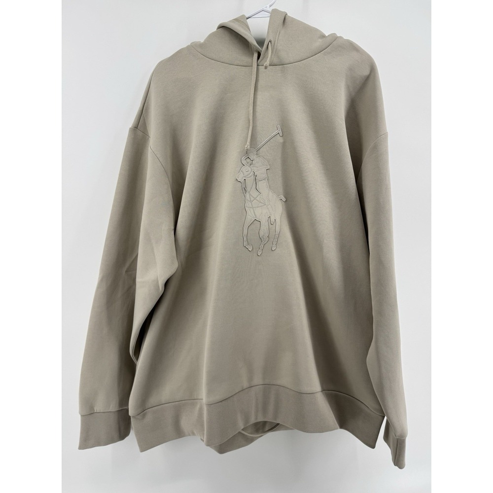 Polo Ralph Lauren Leather Big Pony Double Knit Hoodie Beige 3XB W/ Pockets NWT